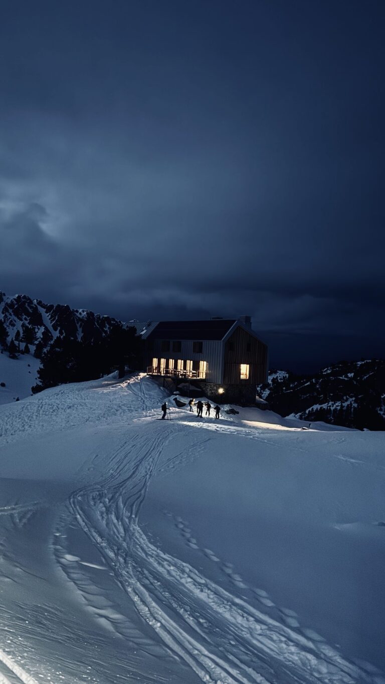 Refuge de Campana de Cloutou éclairé de nuit sous la neige